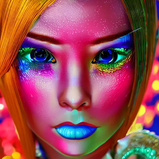 Prompt: japanese model with maximalist hair style and makeup, bright colors, fashion mode, portrait, gliter, depth of field, 8 k, hyper detailed, intricate, trending on artstation