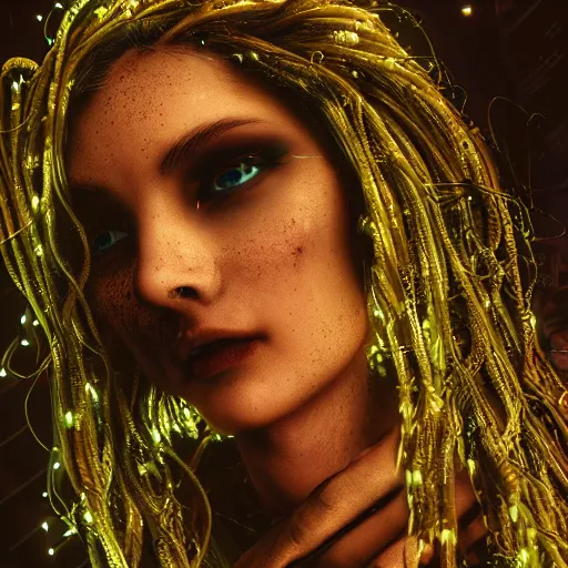 Image similar to Cyberpunk medusa, dark atmosphere, cinematic shot, intricate, ornate, photorealistic, ultra detailed, realistic, 35mm, photography, neon, octane, high definition, depth of field, bokeh, 8k, artstation