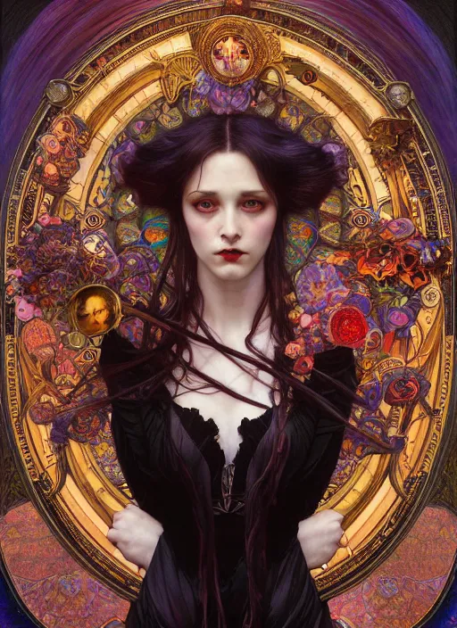 Image similar to hyper detailed masterpiece vampire girl duchess by donato giancola and tom bagshaw, face by artgerm and edmund leighton, and alphonse mucha, trending on artstation, colorful, psychedelic aesthetic, ornate, background by gustav klimt, 8 k, black gothic, majestic, volumetric lighting, porcelain skin, concept art, sharp focus