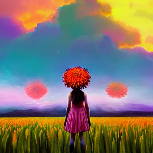 Image similar to giant dahlia flower head, full body girl standing in a flower field, surreal photography, sunrise, dramatic light, impressionist painting, colorful clouds, digital painting, artstation, simon stalenhag