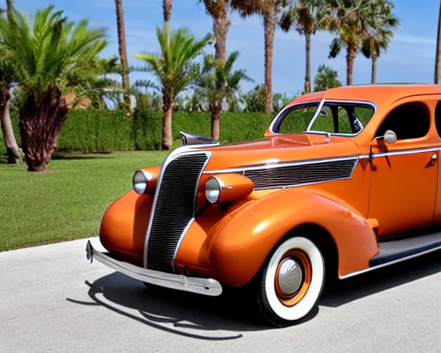 Image similar to 1 9 3 7 pontiac sedan, tan, palm trees in the background