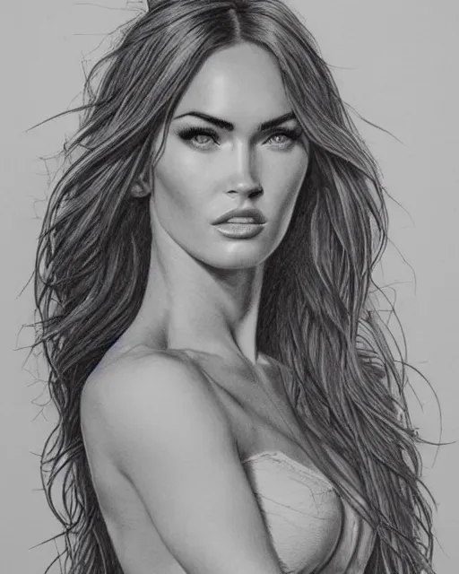 Image similar to pencil drawing of beautiful megan fox as greek goddess aphrodite, archer warrior, sagittarius tattoo, beautiful piercing eyes, flowing blonde hair, realistic face, hyper realistic, in the style of greg rutkowski, fantasy, amazing detail, epic, intricate, elegant, smooth, sharp focus