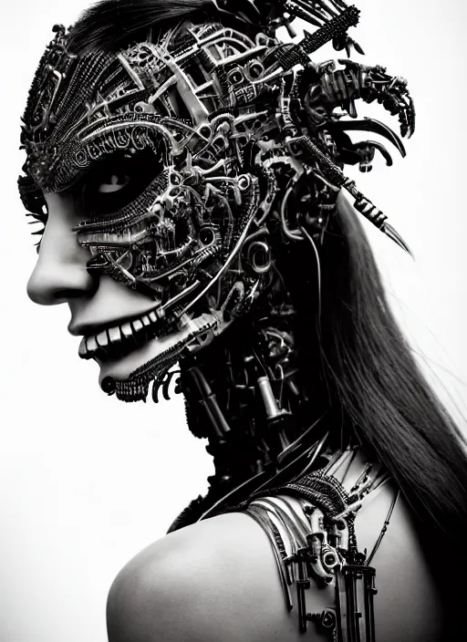 Prompt: a stunning young woman - crow mixed cyborg profile face, face is made intricate tribal bio - mechanical, editorial photography, bw, shot on 7 0 mm, depth of field, f / 2. 8, high contrast, 1 6 k, volumetric lighting, shiny, insanely detailed and intricate, hypermaximalist, elegant, ornate, hyper realistic, super detailed