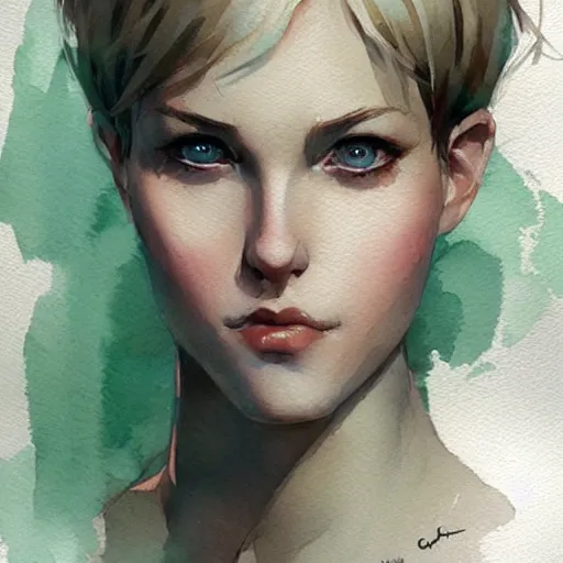 Image similar to short blonde haired girl, green eyes, artstation, watercolor, highly detailed, portrait, by krenz cushart