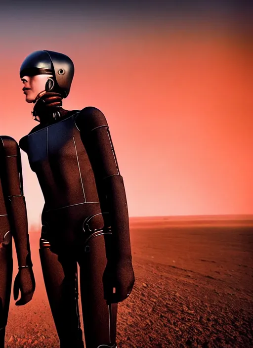 Prompt: cinestill 5 0 d candid photographic portrait by steve mccurry of two loving female androids wearing rugged black mesh techwear on a desolate plain with a red sky, extreme closeup, modern cyberpunk, dust storm, 8 k, hd, high resolution, 3 5 mm, f / 3 2, ultra realistic faces, ex machina