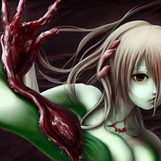 Image similar to saya (from saya no uta) trying to eat you hd 8k hyperreality art by urobuchi gen, aramaki shinji, bodyhorror, meat, blood