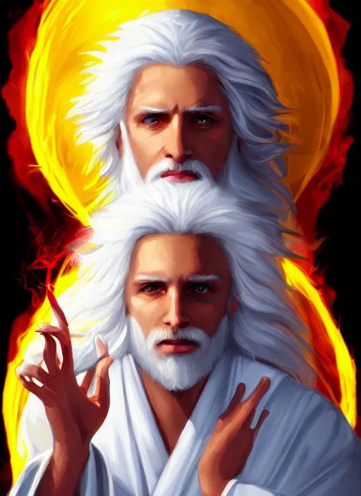 Image similar to « portrait of the white - haired jesus in a white robe and flaming yellow eyes, holding seven stars in right hand, high - contrast, intricate, elegant, highly detailed, digital painting, artstation, concept art, smooth, sharp focus, illustration »