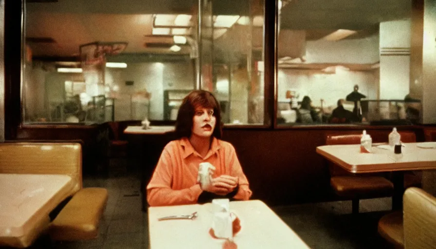 Prompt: 7 0 s film still from a horror movie of one person sitting at an empty diner, kodachrome, cinecolor, cinestill, film grain, film texture, retro, cinematic, high resolution, photorealism,