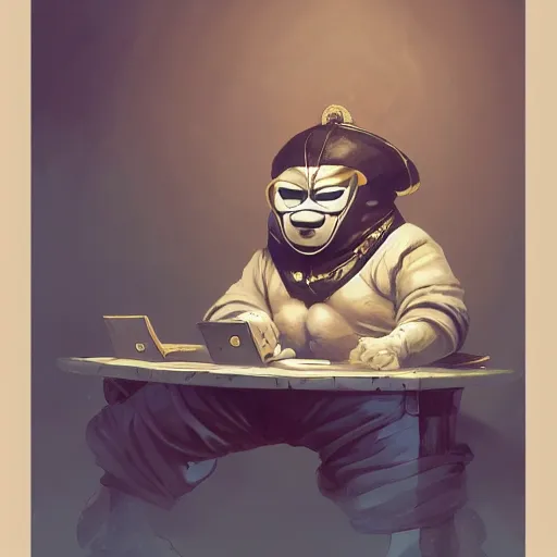 Image similar to a insanely detailed painting of a chubby masked asian man wearing a costume sitting at a desk, staring at the nervously at the computer typing, in the style of peter mohrbacher, dramatic lighting and composition, trending on artstation, concept art, comic book