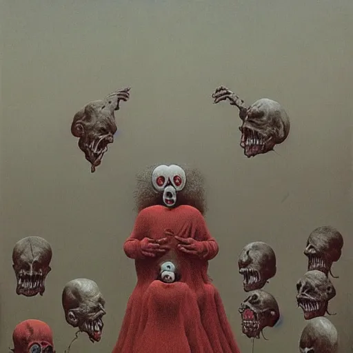 Prompt: Scary clowns eating children, by Zdzisław Beksiński