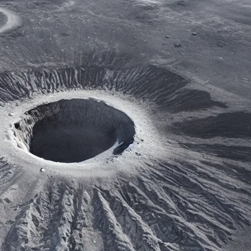 Image similar to an aerial photo of a crater in an icy wasteland, emitting a column of black smoke