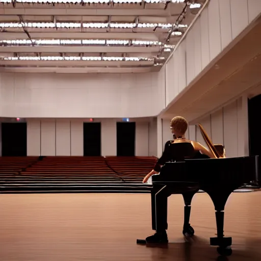 Prompt: a plain slender humanoid robot playing a piano in a large empty concert hall. Distance shot, spotlight, dramatic lighting, award winning photo, serious mood, trending