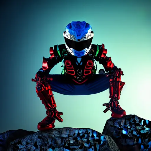 Prompt: breakdancing Kamen Rider snake oil salesman b-boy cowboy standing in a rock quarry, single character full body, 4k, glowing eyes, rock quarry location, daytime, rubber suit, pvc armor, dark blue with red secondary color segmented armor, biomechanical, techno organic armor, ultra realistic, moody colors, ultra realistic, Beautiful Cinematography