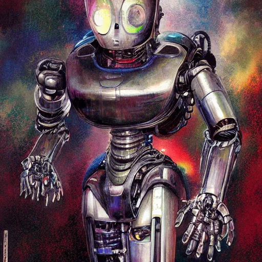 Image similar to a simple concept art portrait of a robot. an award winning yoshitaka amano digital art poster color painting. a masterpiece by james gurney. poster colour on canvas.