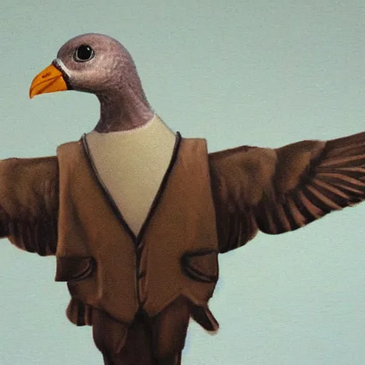 Image similar to anthropomorphic carrier pigeon with the face of jim carrey