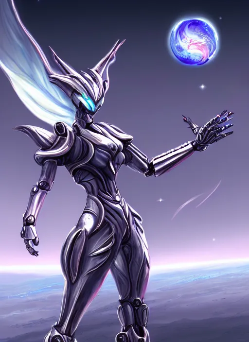 Image similar to goddess shot, galactic sized stunning beautiful anthropomorphic robot mecha female dragon, in space, larger than planets, posing elegantly, with earth in clawed hands, detailed silver armor, epic proportions, epic scale, ultra detailed digital art, furry art, macro art, dragon art, giantess art, warframe fanart, furaffinity, deviantart, realistic