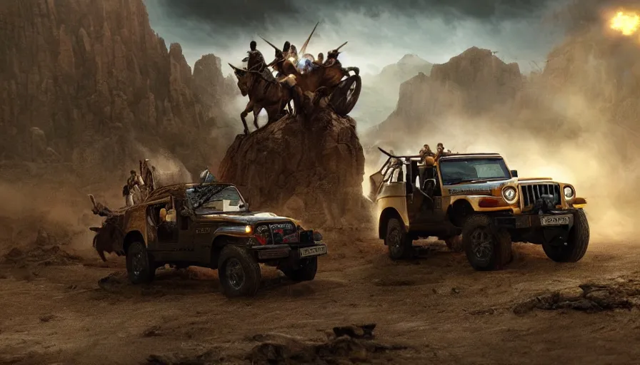 Image similar to Mahindra thar, tribe members attacking, action scene, an epic fantasy, dramatic lighting, cinematic, establishing shot, extremely high detail, photorealistic, cinematic lighting, artstation, by christopher nolan, horizon forbidden west