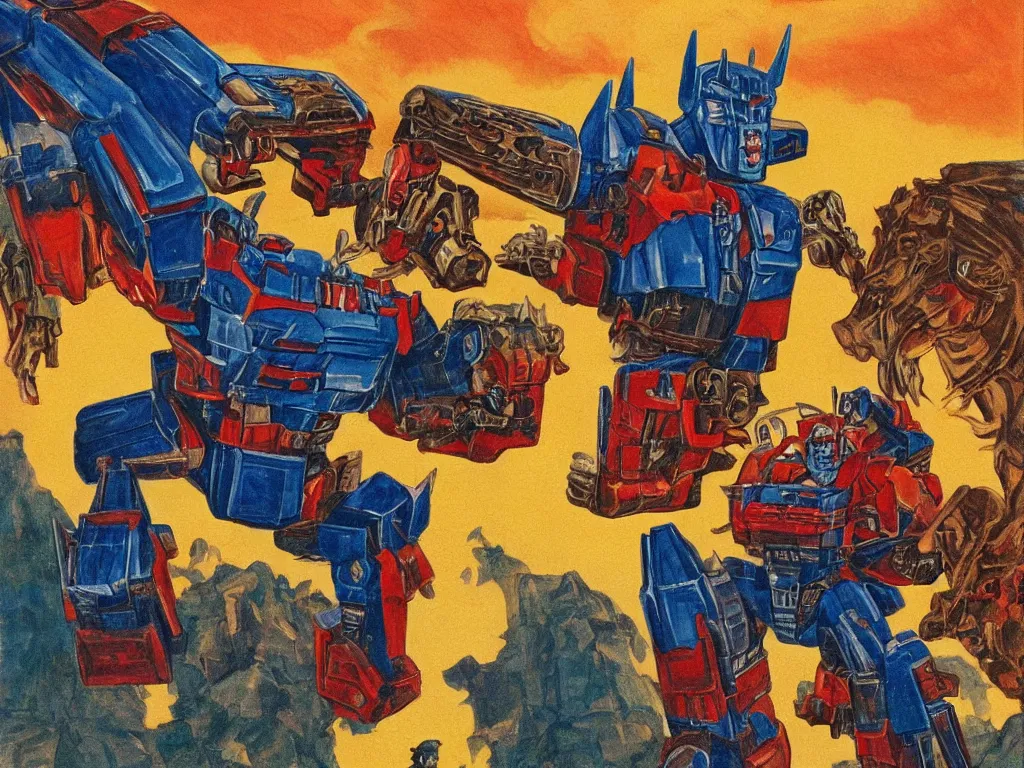 Prompt: a detailed color illustration of optimus prime riding a fat pony, in the style of frank frazetta. sharp focus.