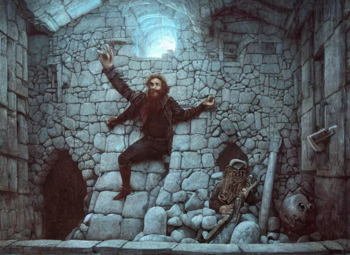 Image similar to jim henson's labyrinth. stone walls. you find a hole in the wall, like someone took a sledge hammer and just kept smashing as they walked forward. by edgar maxence and caravaggio and michael whelan and delacroix style, artistic, intricate painting, cinematic lighting, hyper realistic, extremely detailed, vivid colors, establishing shot, dramatic lighting