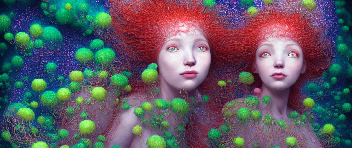 Prompt: hyper detailed 3d render like a Oil painting - kawaii portrait Aurora (red haired selkie) seen Eating of the Strangling network of yellowcake aerochrome and milky Fruit and Her delicate Hands hold of gossamer polyp blossoms bring iridescent fungal flowers whose spores black the foolish stars by Jacek Yerka, Mariusz Lewandowski, Houdini algorithmic generative render, Abstract brush strokes, Masterpiece, Edward Hopper and James Gilleard, Zdzislaw Beksinski, Mark Ryden, Wolfgang Lettl, hints of Yayoi Kasuma, octane render, 8k