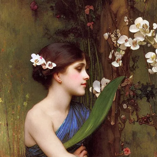 Image similar to art nouveou style painting of Phalaenopsis orchids, high detail by francis mucha, John William Waterhouse, William-Adolphe Bouguereau