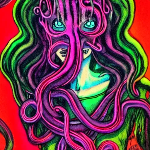 Prompt: the beautiful female creature with tentacles all over her soul rpping it from her body, wispy horrors, acid colors, polaroid pic by realistic horrors