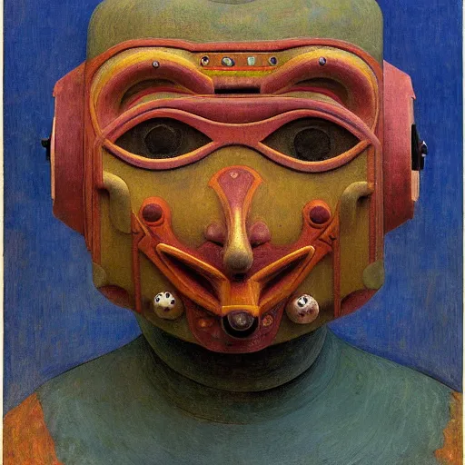 Image similar to the robot child wearing her bird mask, by annie swynnerton and diego rivera and elihu vedder and lucien freud, symbolist, dramatic lighting, elaborate geometric ornament, head and shoulders view, art brut, soft cool colors, smooth, sharp focus, extremely detailed, adolf wolfli, leo and diane dillon, nicholas roerich