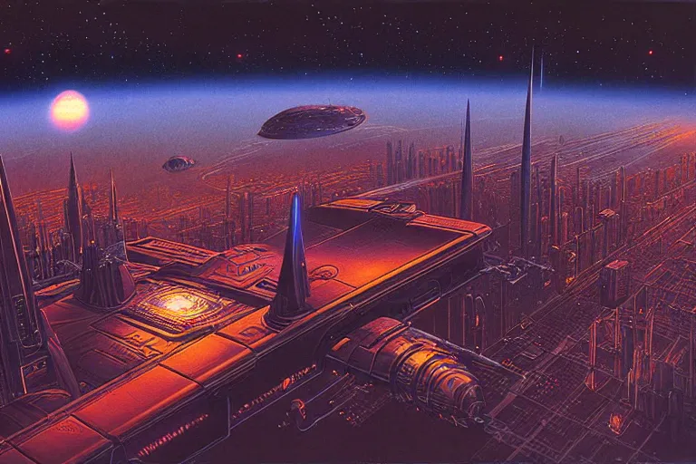 Image similar to a scifi illustration, Night City on Coruscant by david a hardy