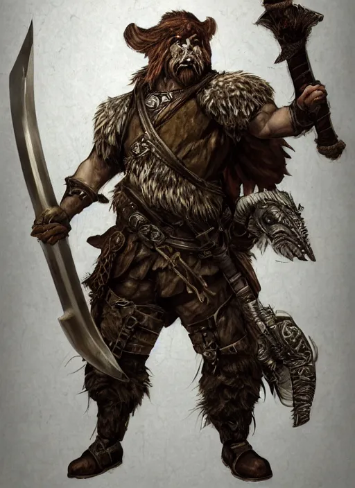 Image similar to strong young man, photorealistic bugbear ranger holding aflaming sword, black beard, dungeons and dragons, pathfinder, roleplaying game art, hunters gear, jeweled ornate leather and steel armour, concept art, character design on white background, by alan lee, norman rockwell, makoto shinkai, kim jung giu, poster art, game art