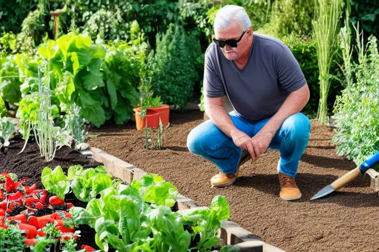Prompt: middle - age - man wearing reflective rayban sunglasses looking down to the ground kneeling beside a healthy luscious beautiful vegetable garden with gardening tool leaning by his side