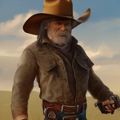 Image similar to a man in a cowboy outfit holding two guns, concept art by Tony DiTerlizzi, cgsociety, american realism, xbox 360 graphics, prerendered graphics, concept art