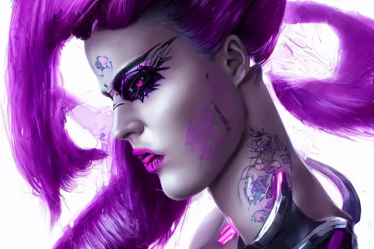 Prompt: feminine cyberpunk pinup with white french bob style hair and body tattooed solid purple, cgsociety, highly detailed, attractive, 16k, smooth, sharp focus, trending on ArtStation