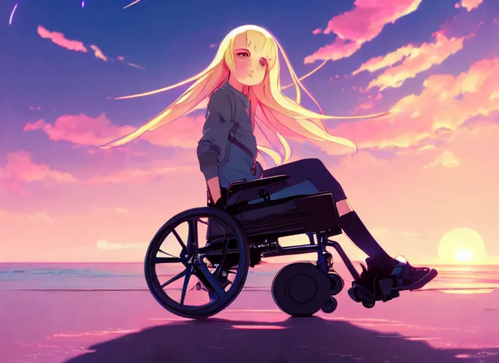 Image similar to portrait of smiling cute girl on futuristic wheelchair, sunset sky in background, beach landscape, illustration concept art anime key visual trending pixiv fanbox by wlop and greg rutkowski and makoto shinkai and studio ghibli and kyoto animation, symmetrical facial features, future clothing, backlit