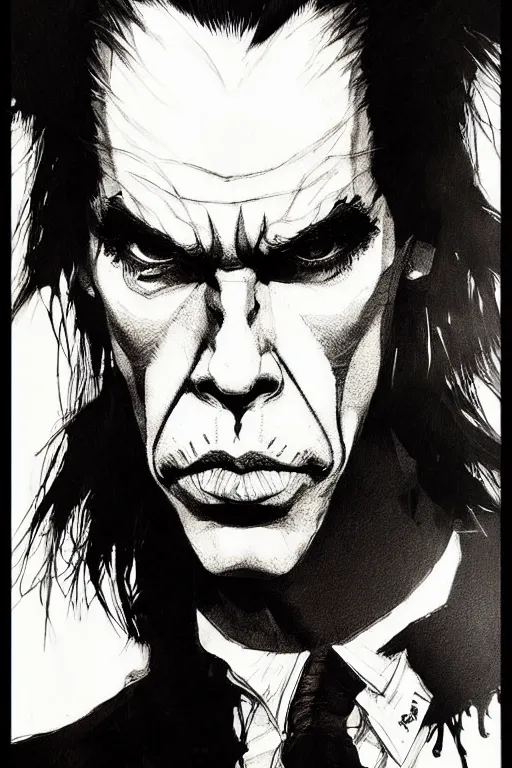 Prompt: portrait of nick cave, concept art, sumi - e style, intricate linework, artstation, trending, highly detailed, smooth, focus, art by yoji shinkawa and glenn fabry,