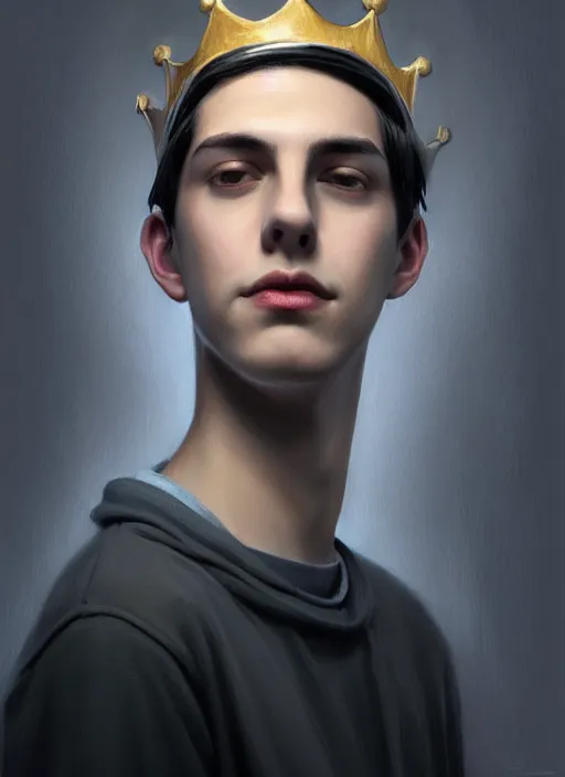 Image similar to portrait of teenage jughead jones wearing a light grey crown, photorealistic, crown, eyes closed, crown, black hair, intricate, elegant, glowing lights, highly detailed, digital painting, artstation, concept art, smooth, sharp focus, illustration, art by wlop, mars ravelo and greg rutkowski