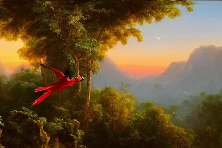 Image similar to gorgeous scarlet macaws flying at beautiful sunset in the distance through the forest, jungle mountains in the background, highly detailed, trending on art station, very detailed birds, painting by thomas cole