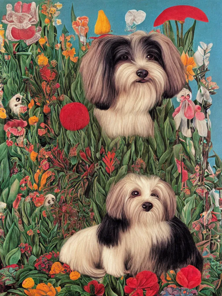 Image similar to a cream colored havanese dog as with a unibrow, surreal background, plants and flowers, naive art, by frida kahlo