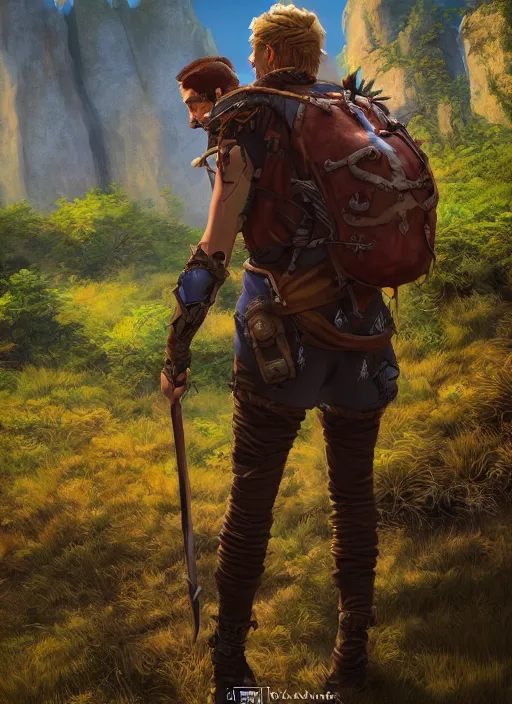 Image similar to an epic fantasy comic book style portrait painting of a male fantasy explorer in the wilds with a backpack and map, unreal 5, daz, hyperrealistic, octane render, cosplay, rpg portrait, dynamic lighting