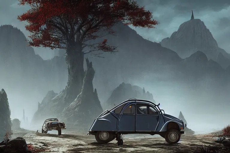 Prompt: offroad citroen 2 cv ( 1 9 6 5 ) driving across the rift, daedric longsword stored on the side of the car, leather and cloth traveller backpacks on roof, riften city in the background, epic fantasy, autumn, the elder scrolls v : skyrim, dramatic lighting, establishing shot, by simon stalenhag