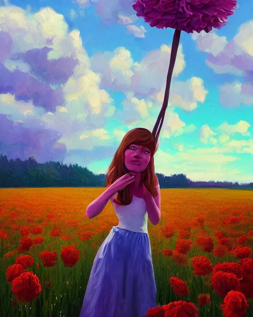 Image similar to girl with a giant carnation as face, surreal photography, flower field, sunset dramatic light, impressionist painting, colorful clouds, blue sky, digital painting, artstation, simon stalenhag