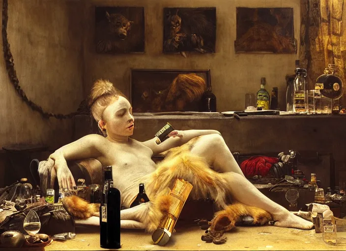 Image similar to an exhausted hyena girl in her studio with a bottle of whisky, fluffy, furry pelt, furry body. highly detailed painting by edgar maxence and caravaggio and michael whelan and delacroix style, artistic, intricate drawing, cinematic lighting, hyper realistic, extremely detailed, establishing shot, 8 k resolution, dramatic lighting