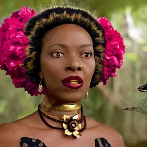 Image similar to over-shoulder film still of an african-american woman with short grey hair, a headdress made of red fern-leaf peony, wearing a black lace mask and gold dangly earrings, purple lipstick, speaking to a giant dragonfly from the adventure movie Life of Pi (2012) directed by Ang Lee and shot by Claudio Miranda