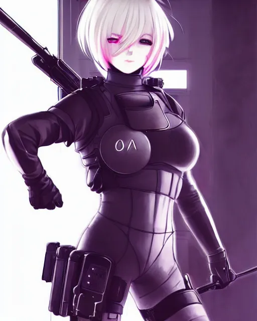 Image similar to 2 b, anime key visual of a young female swat officer, neon, cyberpunk, futuristic, white outfit, black swat vest, swat helmet, holding pdw, stunning, highly detailed, digital painting, smooth, soft focus, illustration, poster, japanese typography, digital art from artstation by artgerm and greg rutkowski and alphonse mucha