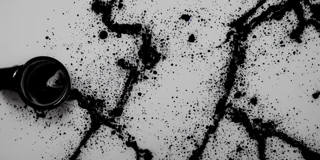 Prompt: Coffee spilled on the kitchen counter, black and white image, liquid, stains