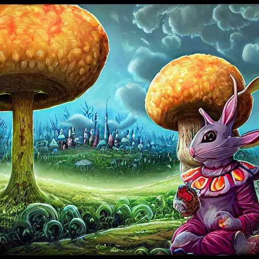 Image similar to 4 k headshot portrait of a psychedelic demonic anthropomorphic bunny rabbit with mushroom themed clothes, magic mushroom village in background by jeff easley, award winning, stylized neon, post - processing, masterpiece, superb resolution. in the art style of junji ito and greg rutkowski. detailed mushroom city in background. hyper realistic anime. perfect art. dalle 2