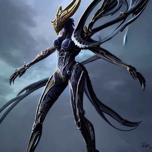 Image similar to beautiful and stunning giant valkyr female warframe, doing an elegant pose over you, you looking up at her from the ground pov shot, unaware of your existence, slick elegant design, sharp claws, detailed shot legs-up, highly detailed art, epic cinematic shot, realistic, professional digital art, high end digital art, furry art, DeviantArt, artstation, Furaffinity, 8k HD render, epic lighting, depth of field