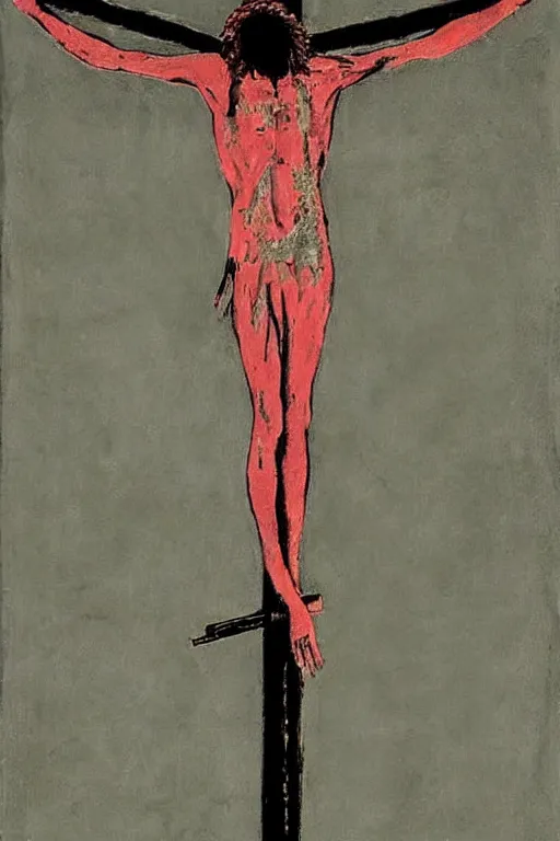 Prompt: bloody christ crucified looking like a big mushroom painted in black and white by cy twombly and andy warhol