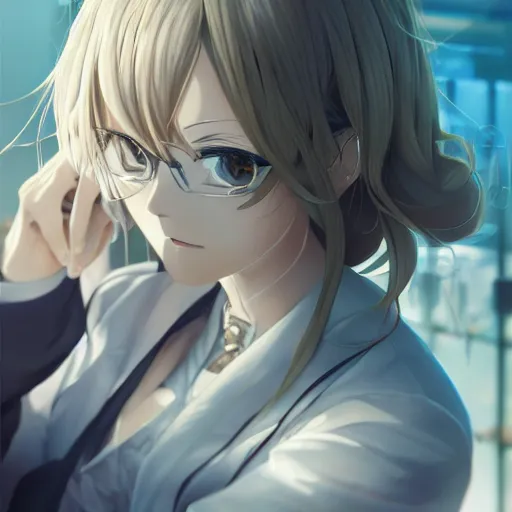 Image similar to portrait of the ruthless pharmacist with a heart of gold, anime fantasy illustration by tomoyuki yamasaki, kyoto studio, madhouse, ufotable, trending on artstation