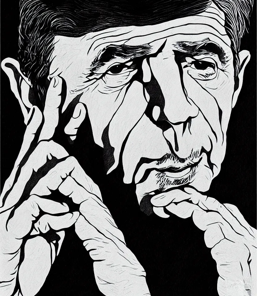 Prompt: detailed line art portrait of leonard cohen. caricatural, minimalist, bold contour lines, musicality, soft twirls curls and curves, confident personality, raw emotion