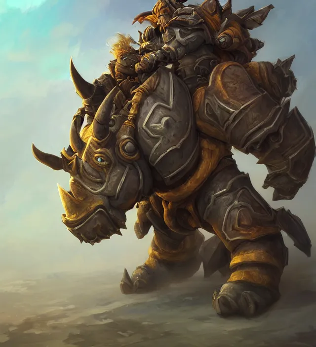 Image similar to “a well rendered anthropomorphic chibi sized rhinoceros portrait, world of Warcraft armor, subject in the center of the frame, rule of thirds, golden ratio, elegant, digital painting, octane 4k render, zbrush, hyperrealistic, artstation, concept art, smooth, sharp focus, illustration from World of Warcraft by Ruan Jia and Mandy Jurgens and Artgerm and William-Adolphe Bouguerea”